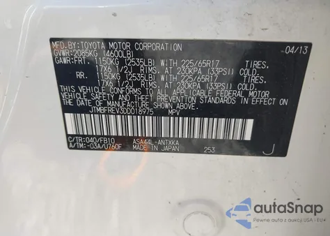 2013 Toyota Rav4 Le z USA, uszkodzony, nr VIN JTMBFREV3DD018975